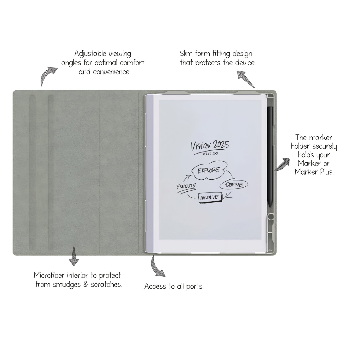 Dot Book Folio Case With Rotatable Stand For reMarkable 2 Tablets - Woven Gray